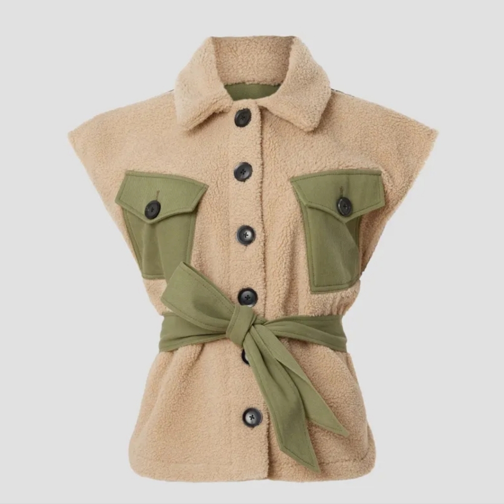 Marissa Webb Beige Sherpa Vest with Olive Green Accents